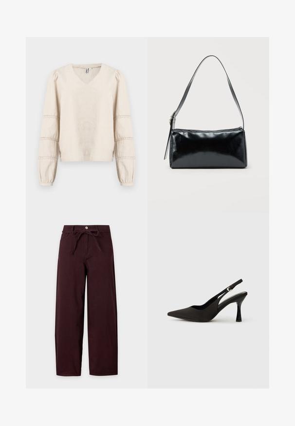 Blouse beige clair avec un col en V, de longues manches bouffantes, et des détails en dentelle autour des poignets. Fabriquée en tissu doux et texturé.; Pantalon taille haute à jambes larges en bordeaux foncé avec boutons sur le devant, fermeture éclair, poches latérales et ceinture en tissu assorti nouée en nœud à la taille.; Chaussures à talons noires avec une bride, à bout pointu, finition mate lisse et talon fin brillant. Sangle ajustable avec petit détail de boucle.; Sac d'épaule rectangulaire noir avec une sangle réglable unique et une fermeture éclair supérieure sur un fond uni.