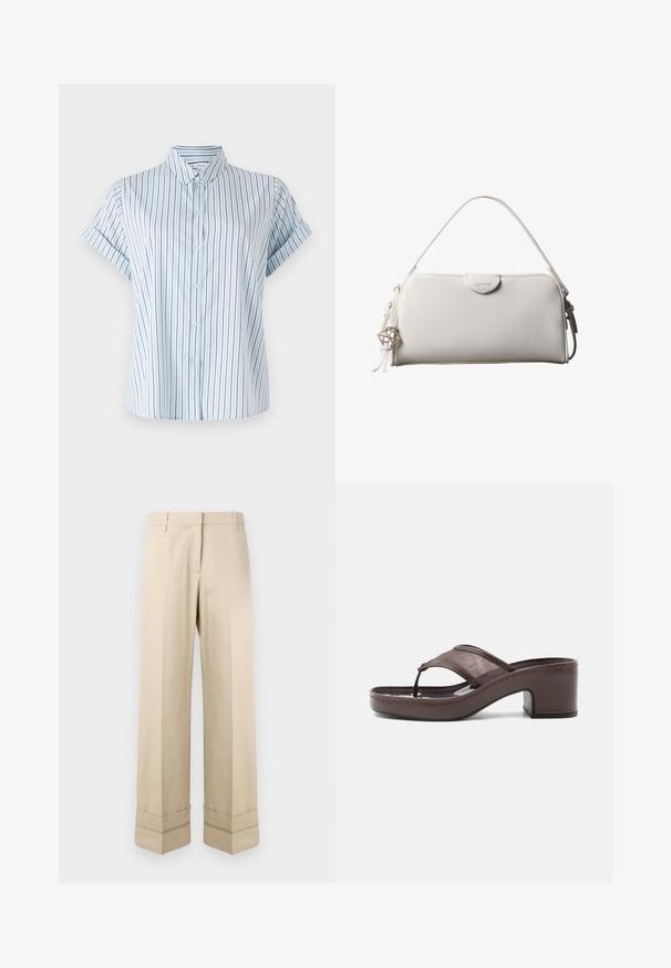 Chemise à manches courtes bleu clair avec des rayures verticales, dotée d'un devant boutonné et d'un col classique, fabriquée en tissu lisse.; Pantalons beige avec une coupe droite, dotés d'un double revers au bas et d'un design à plat à l'avant. Fabriqués en tissu lisse et durable.; Sandale marron à talon avec lanière en mesh et design en tige, dotée d'un talon bloc et d'une semelle cousue, présentée de profil sur fond blanc.; Sac à main rectangulaire blanc Calvin Klein avec une seule poignée, design minimaliste et pampilles décoratives avec un charm métallique géométrique sur le côté.