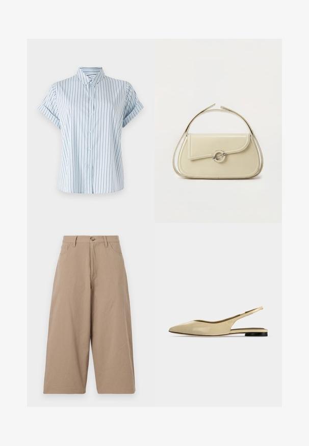 Chemise à manches courtes bleu clair avec des rayures verticales, dotée d'un devant boutonné et d'un col classique, fabriquée en tissu lisse.; Pantalons larges kaki en coton, dotés d'une taille haute, de poches frontales et d'une fermeture à bouton unique. Texture lisse et coupe droite.; Chaussure plate beige à bout pointu avec bride arrière, petit talon noir et finition en cuir lisse, vue de côté sur un fond uni.; Sac à main en cuir crème avec rabat incurvé, fermoir circulaire en argent et poignée courte sur le dessus, sur fond blanc uni.