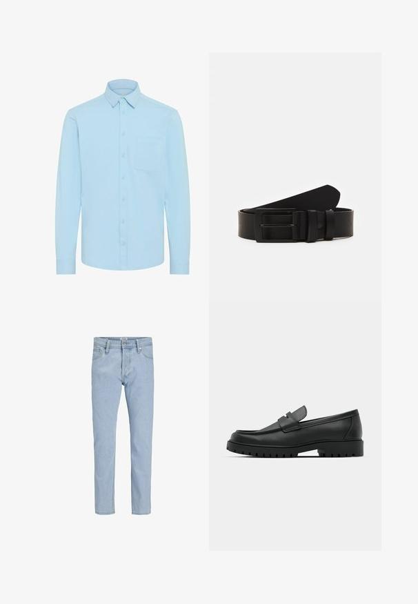 Chemise boutonnée bleu clair avec manches longues, un col classique et une poche poitrine unique. Fabriquée à partir d'un tissu lisse avec un design uni.; Jean en denim bleu clair avec une coupe droite, dotés d'un zip à boutons, de cinq poches et d'un léger délavage pour une texture uniforme.; Mocassins en cuir noir à bout arrondi, avec un design cousu, une semelle plateforme basse et une semelle en caoutchouc texturée et crantée.; Ceinture en cuir noir roulée avec une boucle en métal rectangulaire noir mat et deux passants sur fond blanc.