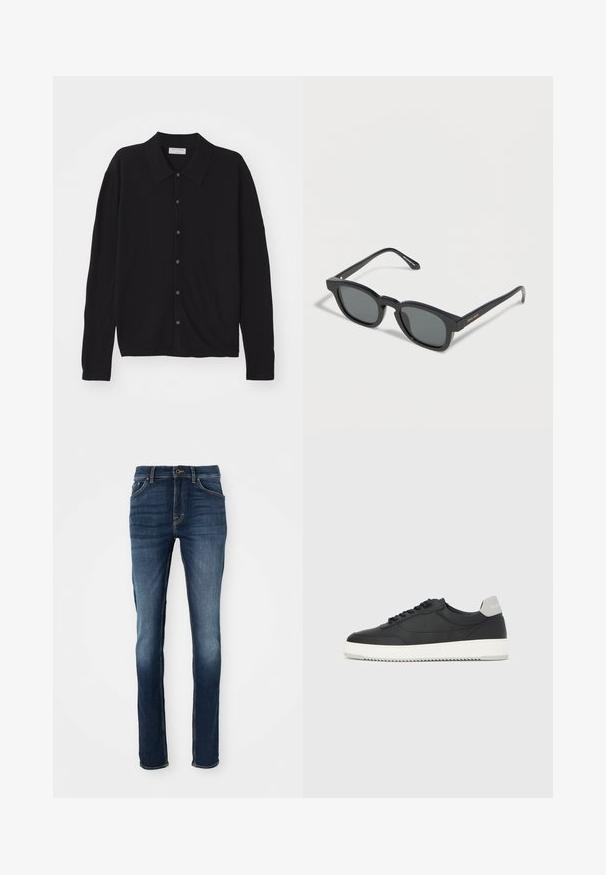 Schwarze Strickjacke mit kragenförmigem Ausschnitt, langen Ärmeln und durchgehender Knopfleiste. Gefertigt aus glattem Stoff mit einer leicht lockeren Passform.; Dunkelblaue Denim-Jeans im Slim-Fit-Schnitt mit fünf Taschen, goldenen Nähten und einer leicht abgewetzten Vorderseite für einen lässigen Look.; Schwarzer Low-Top-Sneaker mit weißer Sohle und grauem Fersenlaschen, Seitenansicht vor einem weißen Hintergrund.; Schwarze rechteckige Sonnenbrille mit dunklen Gläsern und dünnen Bügeln, die auf einer weißen Fläche liegt, Giorgio Armani Logo am Bügel.