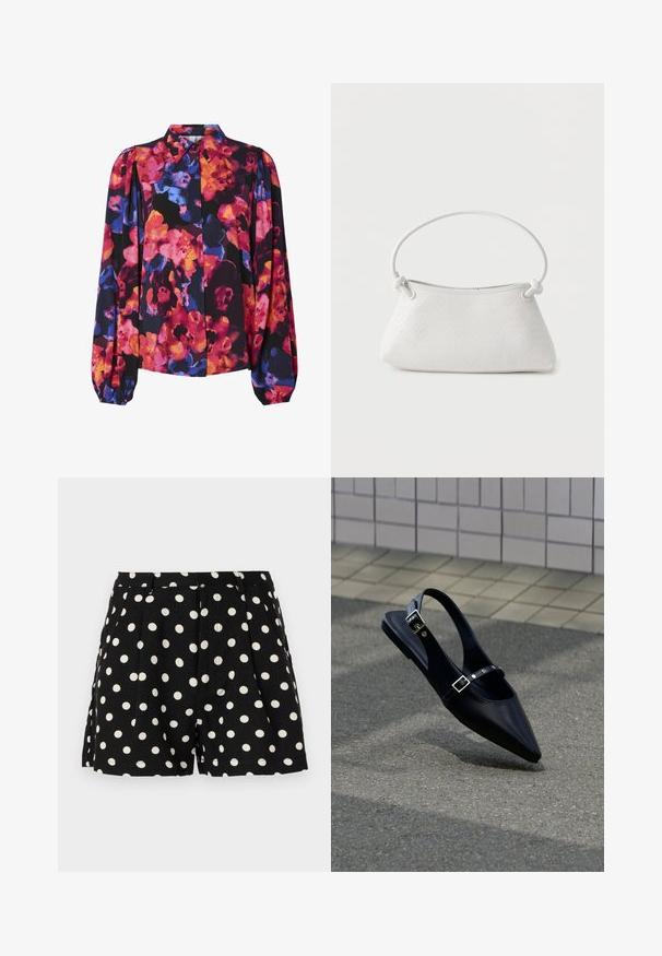 Blomstret bluse med lange pufærmer, der har en blanding af livlige farver: pink, orange, blå og sort baggrund. Knap-ned krave.; Sorte shorts med hvide prikker, der har folder foran og sidelommer. Fremstillet af et let materiale.; Sort flad slingback med spids tå og dobbelte spænder, hvilende på grå asfalt nær flisevæg.; Hvid fletlæderhåndtaske med afrundet håndtag og ender på remmen, der er knyttet, vist mod en ensfarvet baggrund.