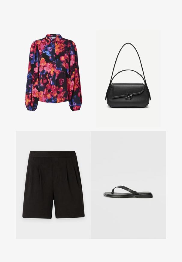 Blumenbluse mit langen Puffärmeln, die eine Mischung aus lebhaften Farben zeigt: Pink, Orange, Blau und schwarzer Hintergrund. Knopfleiste und Kragen.; Schwarze Shorts aus weichem Stoff mit einer glatten Textur, elastischem Bund und gefaltetem Vorderdesign. Einfach und schmucklos.; Schwarze Flip-Flops aus glattem Leder, mit einem dünnen Riemendesign und einer flachen Sohle mit minimalem Profil. Keine bemerkenswerten Muster oder Akzente.; Schwarze Lederhandtasche mit abgerundeten Kanten, asymmetrischem Überschlag, metallfarbenem runden Verschluss und kurzen sowie langen Schulterriemen.