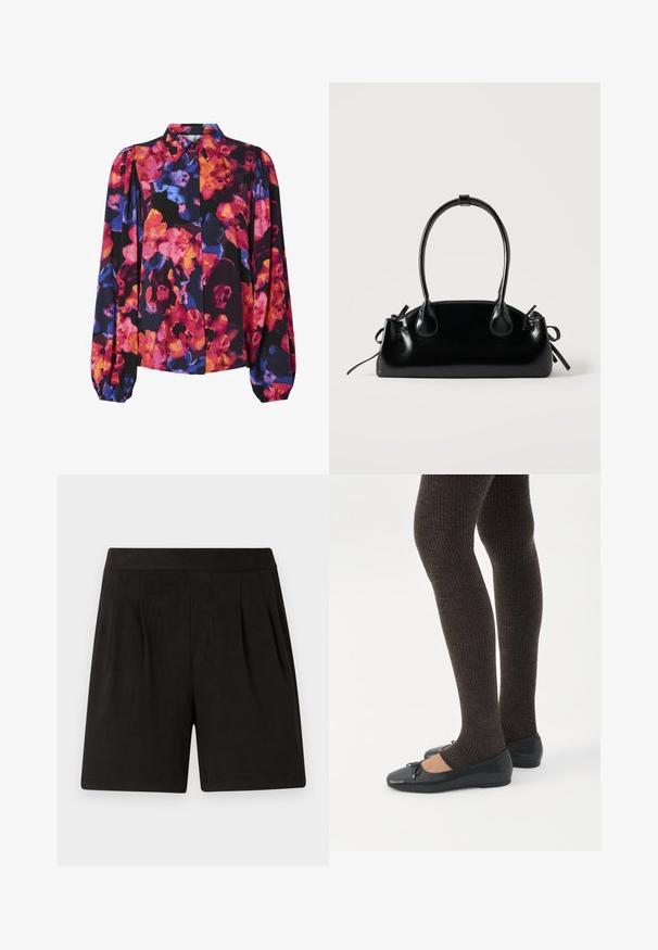 Blomstret bluse med lange pufærmer, der har en blanding af livlige farver: pink, orange, blå og sort baggrund. Knap-ned krave.; Sorte shorts lavet af blødt stof, med en glat tekstur, elastisk talje og plisseret frontdesign. Enkle og udekorerede.; Ben iført mørke ribbede leggings kombineret med sorte balletsko med små sløjfedetaljer på hvid baggrund.; Lille sort blank håndtaske med to lange håndtag og snøre-detaljer i siden på en ensfarvet lys baggrund.