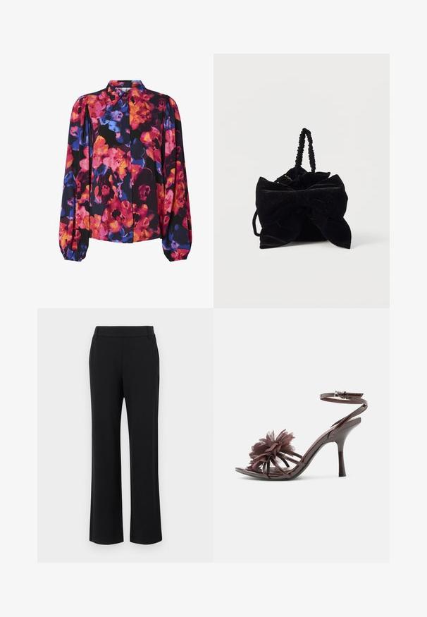 Blomstret bluse med lange pufærmer, der har en blanding af livlige farver: pink, orange, blå og sort baggrund. Knap-ned krave.; Sorte, flagrende bukser med en glat tekstur, mellemhøj talje og sidelommer. Simpelt design uden mønstre eller pynt.; Brun laklæder sandal med høje hæle, ankelrem og stor stofblomst detaljeret på forreste remme.; Sort fløjls-håndtaske med stor sløjfe, samlet design og snoet hank. Blød tekstur med diskret glimmer over hele.