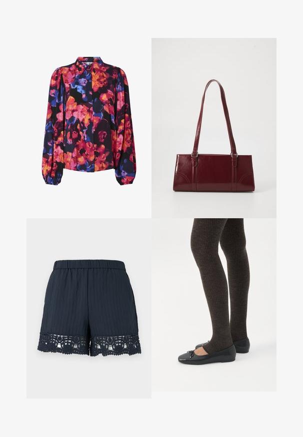 Blomstret bluse med lange pufærmer, der har en blanding af livlige farver: pink, orange, blå og sort baggrund. Knap-ned krave.; Marineblå dame-shorts med elastisk talje og blomstret blondekant langs kanten mod en lys, ensfarvet baggrund.; Ben iført mørke ribbede leggings kombineret med sorte balletsko med små sløjfedetaljer på hvid baggrund.; Bordeaux håndtaske lavet af glansfuldt materiale, rektangulær form, med to skulderremme og subtile buede detaljer på forsiden.