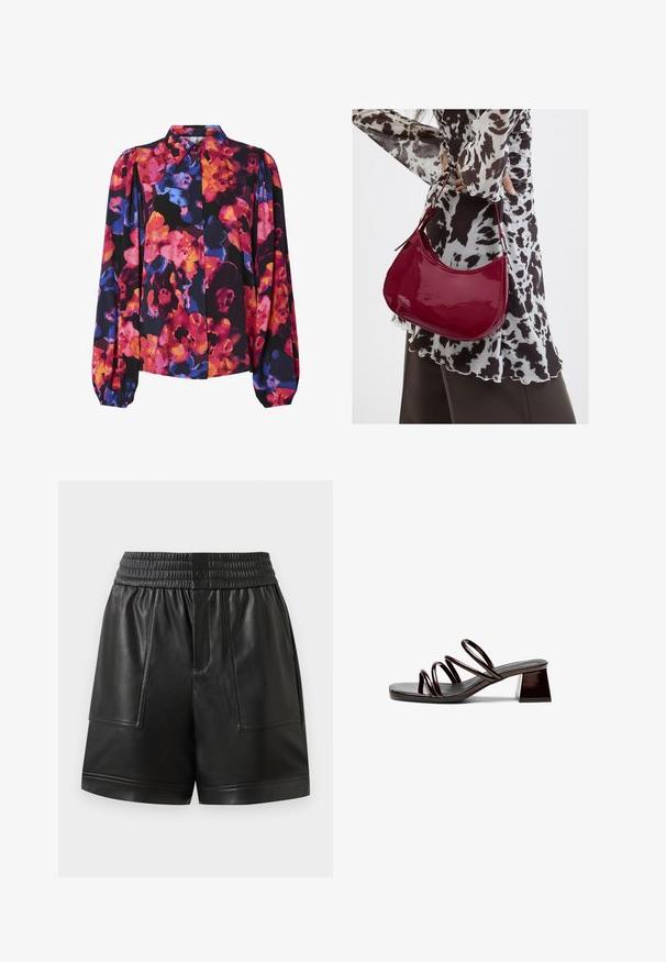 Blomstret bluse med lange pufærmer, der har en blanding af livlige farver: pink, orange, blå og sort baggrund. Knap-ned krave.; Sorte shorts i faux læder med elastisk talje, frontknap, store forlommer og lige kant.; Åben tå hæl sandal i mørk bourgogne lakeret læder, med tre tynde stropper og en firkantet blokhæl. Glat overflade, minimalistisk design.; Kvinde iført en sort- og hvidmønstret bluse, der holder en blank rød skuldertaske mod en ensfarvet baggrund.