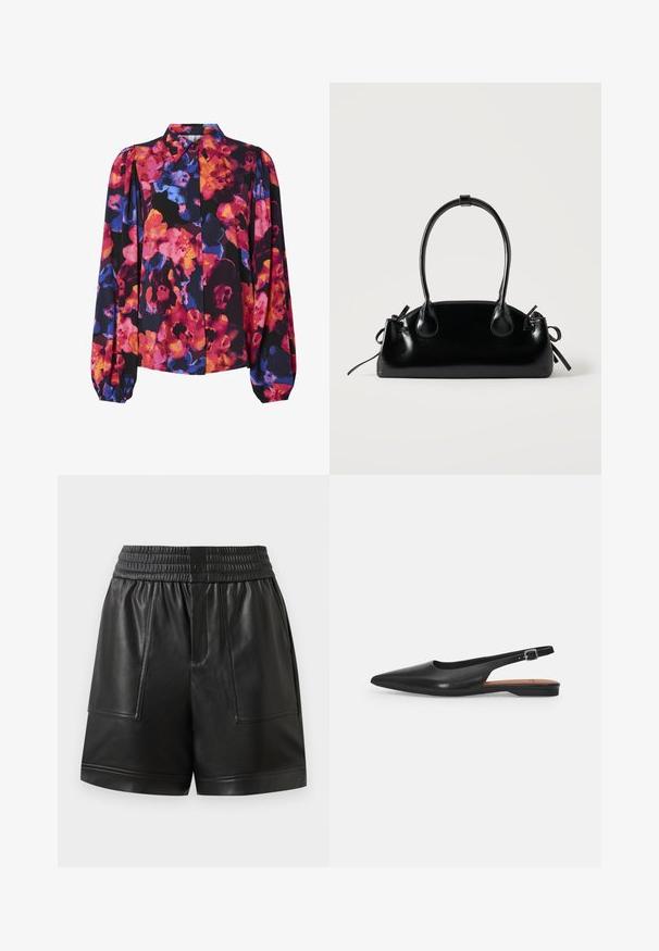 Blouse florale avec de longues manches bouffantes, présentant un mélange de couleurs vives : rose, orange, bleu, sur un fond noir. Col avec boutons.; Shorts en simili cuir noir avec taille élastique, bouton-pression à l'avant, grandes poches plaquées devant et ourlet droit.; Chaussure slingback en cuir noir avec un bout pointu, un léger éclat et une bride de cheville réglable. Talon plat avec une semelle intérieure marron.; Petit sac à main noir brillant avec deux longues anses et des détails à cordon sur les côtés sur un fond clair uni.