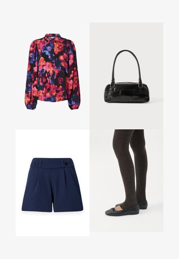 Blomstret bluse med lange pufærmer, der har en blanding af livlige farver: pink, orange, blå og sort baggrund. Knap-ned krave.; Mørkeblå skræddersyede shorts lavet af letvægtsstof, med to frontfolder og to sorte knapper i taljen.; Ben iført mørke ribbede leggings kombineret med sorte balletsko med små sløjfedetaljer på hvid baggrund.; Sort læderhåndtaske med rektangulær form, der har et enkelt struktureret håndtag, sølvhardware og lynlås-lukning. Glat tekstur.
