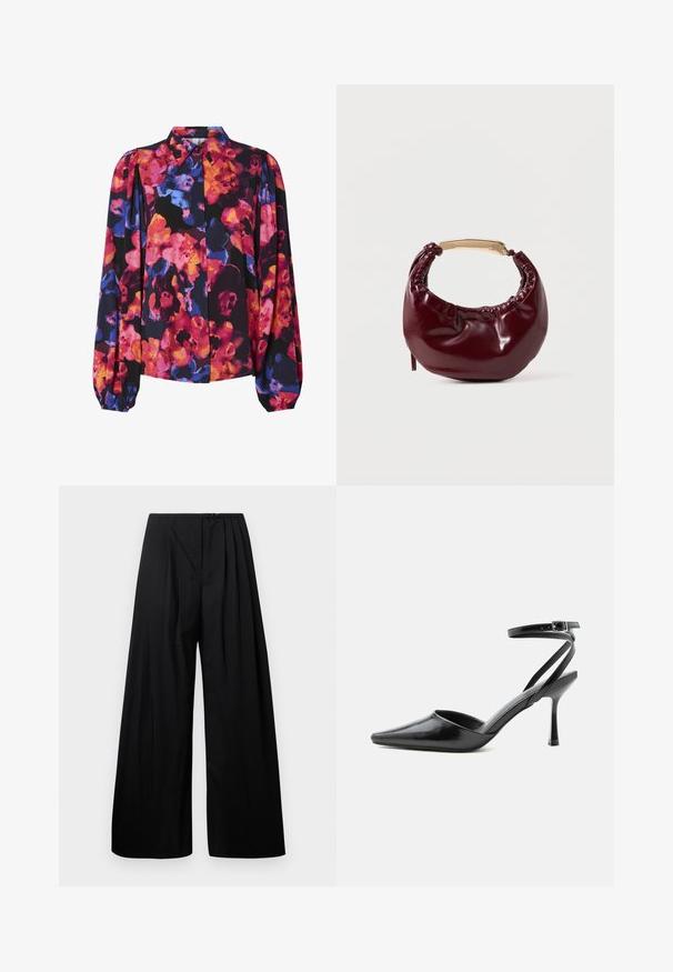 Blusa floral con mangas largas abullonadas, con una mezcla de colores vibrantes: rosa, naranja, azul y fondo negro. Cuello tipo botón.; Pantalones de pierna ancha negros con cintura alta, que cuentan con pliegues verticales y cierre de botón. Textura suave, diseño minimalista.; Zapato de tacón alto negro de punta fina con delgadas correas en el tobillo y cierre de hebilla plateada sobre un fondo liso claro.; Bolso de mano de piel sintética burdeos con forma redondeada, detalles fruncidos y un asa de metal dorado. Textura suave y acabado brillante.