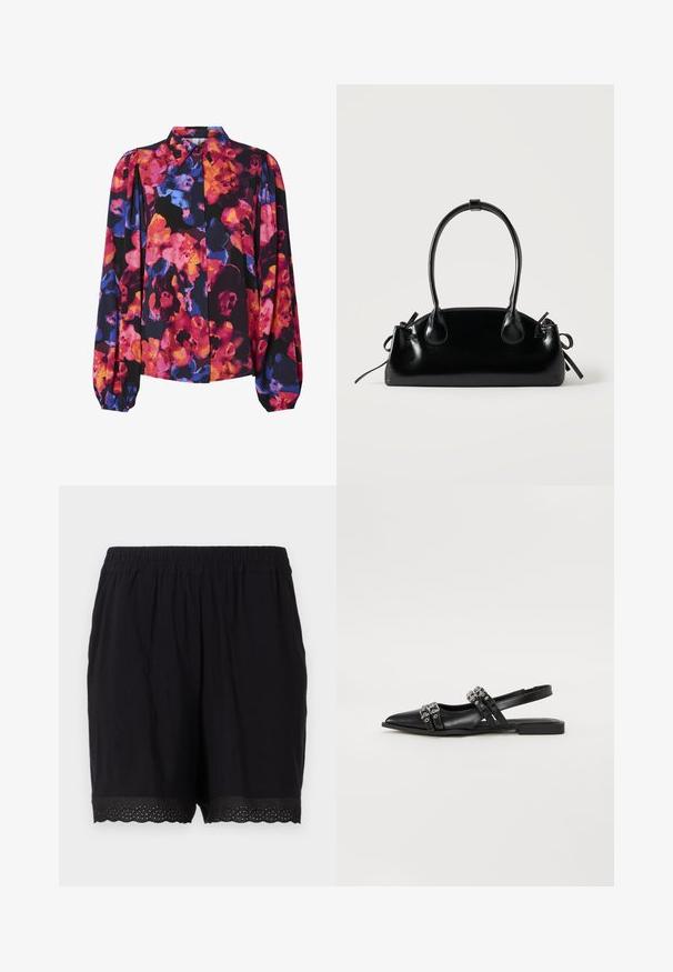 Blomstret bluse med lange pufærmer, der har en blanding af livlige farver: pink, orange, blå og sort baggrund. Knap-ned krave.; Sorte bomuldsshorts med elastisk talje og bølgende kant, der har perforerede detaljer ved kanterne. Blødt og let materiale.; Even&Odd by Zalando Slingback-ballerinasko - black; Lille sort blank håndtaske med to lange håndtag og snøre-detaljer i siden på en ensfarvet lys baggrund.