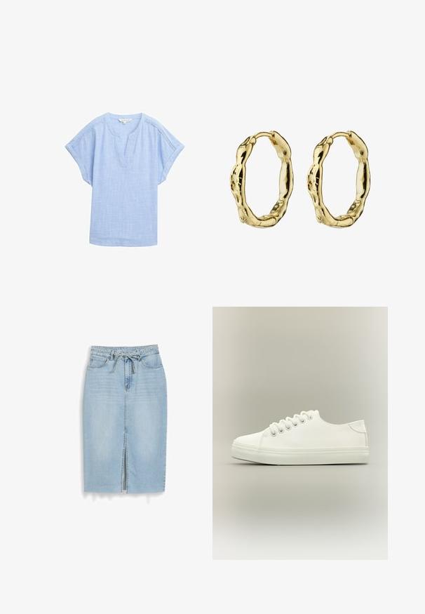 Camisa corta de manga en azul claro hecha de una tela transpirable, con escote en forma de V y un sutil patrón texturizado en toda la prenda.; Falda midi de mezclilla azul claro con abertura frontal, estilo de cinco bolsillos, trabillas para cinturón y cinturón de mezclilla anudado en la cintura.; Zapatilla blanca baja con cordones blancos y suela de goma mostrada desde vista lateral sobre un fondo neutro.; Pendientes de aro de oro con un diseño texturizado y retorcido. Presentan una superficie lisa y un cierre seguro para su sujeción.
