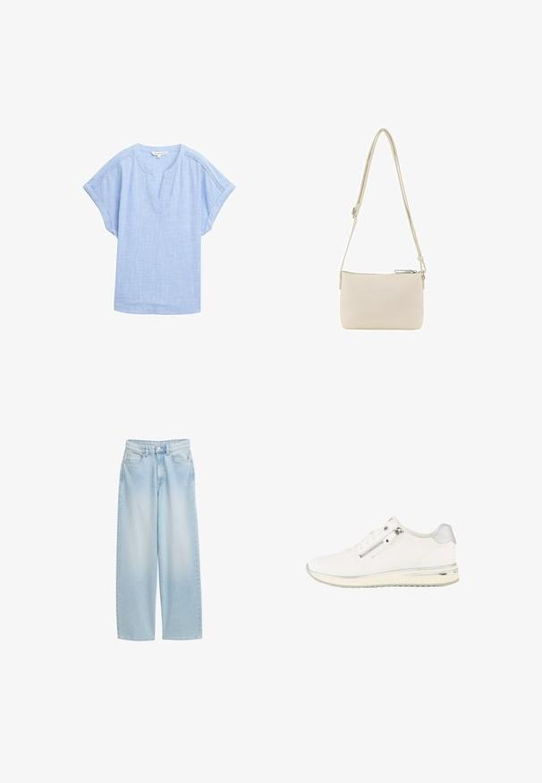 Lys blå kortærmet skjorte i et åndbart stof, med v-halsudskæring og en subtil tekstureret mønster over hele. ; Lyseblå vidbenet denimjeans med høj talje, forreste knappe- og lynlåslukning samt fem lommer.; Hvid low-top sneaker med lynlås i siden, snørebånd foran, tekstureret stof og sølvdetaljer på hælen og sålen.; TOM TAILOR ELIS CROSS BAG S - Skuldertasker - off white off white