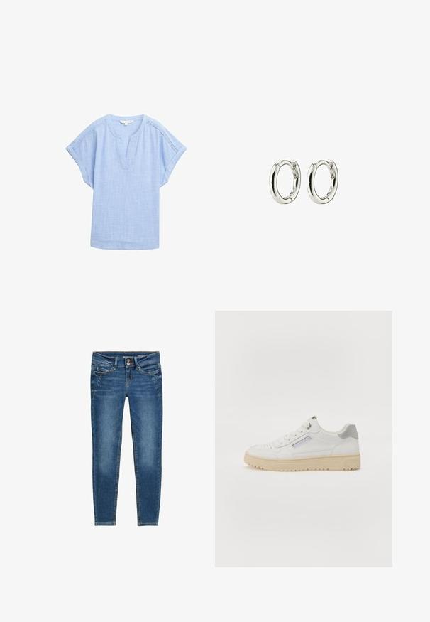 Lys blå kortærmet skjorte i et åndbart stof, med v-halsudskæring og en subtil tekstureret mønster over hele. ; Blå denim skinny jeans med en glat tekstur, fem-lommers design, kobbernitter detaljer og kontrastfuld orange syning.; Mænds hvide sneakers med en glat overflade, grå detaljer, rund tå og en beige gummisål. Har et sidelabel og perforerede detaljer.; Sølv hoops øreringe med en glat, shiny finish. Rundet form med en sikker lukning. Minimalistisk design med en subtil twist-detalje.