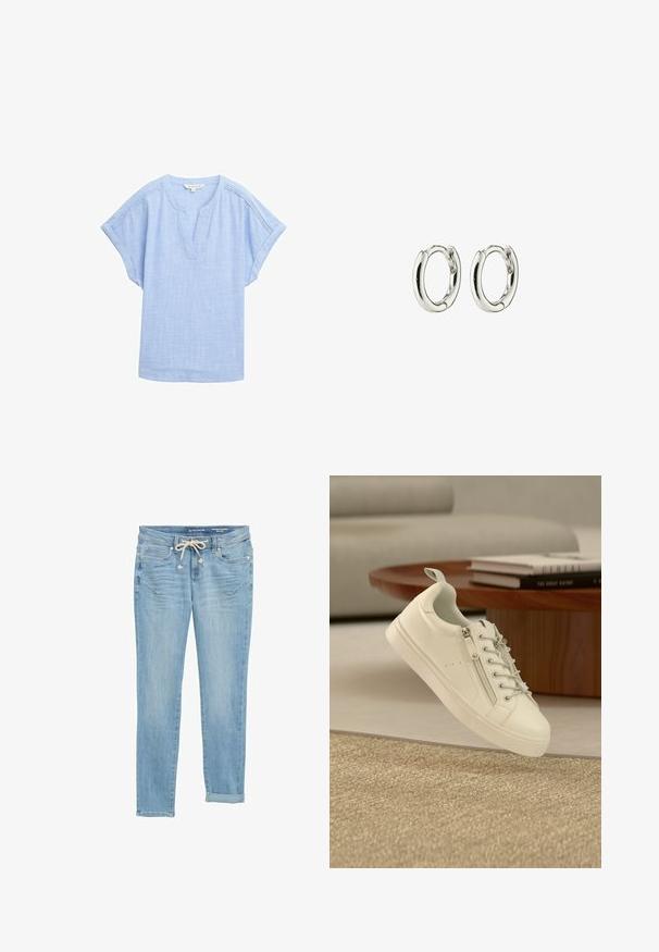 Lys blå kortærmet skjorte i et åndbart stof, med v-halsudskæring og en subtil tekstureret mønster over hele. ; Lys blå denim jeans med lige pasform, elastisk snøre i taljen, opretstående nederste kant og forlommer. Designet med diskret slid.; Hvid lav sneakers med sidelukning og snørebånd placeret nær et brunt rundt træbord med stablede bøger.; Sølv hoops øreringe med en glat, shiny finish. Rundet form med en sikker lukning. Minimalistisk design med en subtil twist-detalje.
