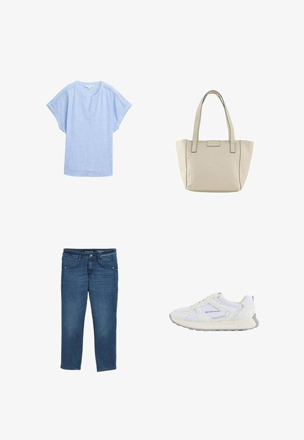 Lichtblauw shirt met korte mouwen in een ademende stof, met een v-hals en een subtiele textuurpatroon overal.; Donkerblauwe denim jeans met een rechte snit, vijf zakken en riemlussen. Voorzien van een sluiting met een knoop aan de voorkant en subtiele vervaging.; Witte sportschoen met een bovenwerk van mesh en synthetisch materiaal, voorzien van zilveren accenten en een gestructureerde rubberen zool, gelabeld "TOM TAILOR."; Beige totebag met relief geometrisch patroon, dubbele handvatten en zwart stiksel. Heeft een subtiele logo aan de voorkant.