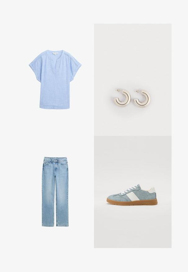 Camisa corta de manga en azul claro hecha de una tela transpirable, con escote en forma de V y un sutil patrón texturizado en toda la prenda.; Jeans de mezclilla rectos de color azul claro con botón frontal y diseño de cinco bolsillos, exhibidos sobre un fondo blanco.; Zapatillas de lona de denim con parte superior azul claro, banda lateral blanca y suela de goma. Presenta cordones blancos y un cuello acolchado.; Pendientes de aro de metal con un diseño curvado, presentando un acabado en plata pulida y delgadas líneas de acento en negro. Cierre de tipo posta.