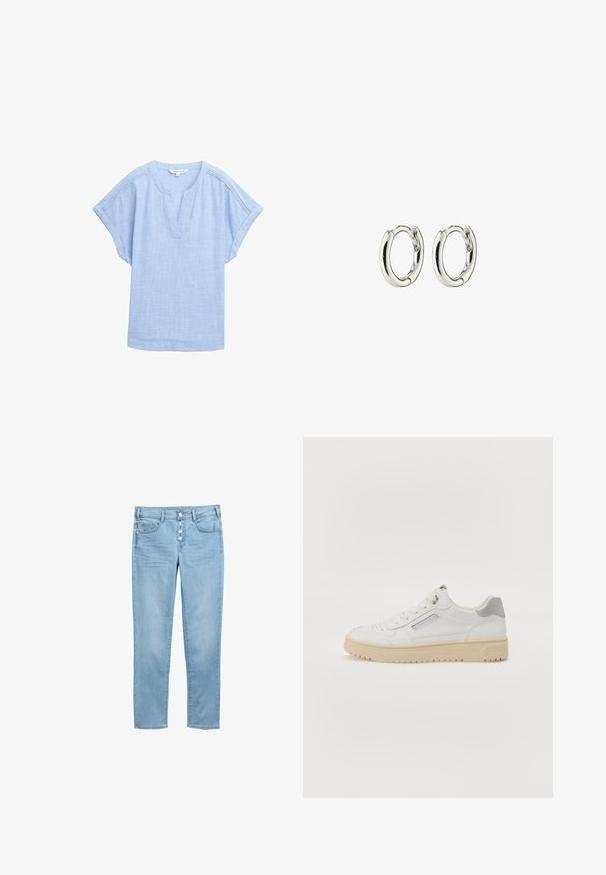 Camisa corta de manga en azul claro hecha de una tela transpirable, con escote en forma de V y un sutil patrón texturizado en toda la prenda.; Vaqueros de mezclilla azul claro con un diseño ajustado, cinco bolsillos y una bragueta con botones que presenta cinco botones visibles. Textura suave y corte clásico.; Zapatillas blancas para hombres con una textura suave, detalles en gris, puntera redonda y suela de goma beige. Presentan una etiqueta lateral y detalles perforados.; Pendientes de aro de plata con un acabado suave y brillante. Forma redondeada con un cierre seguro. Diseño minimalista que presenta un sutil detalle retorcido.