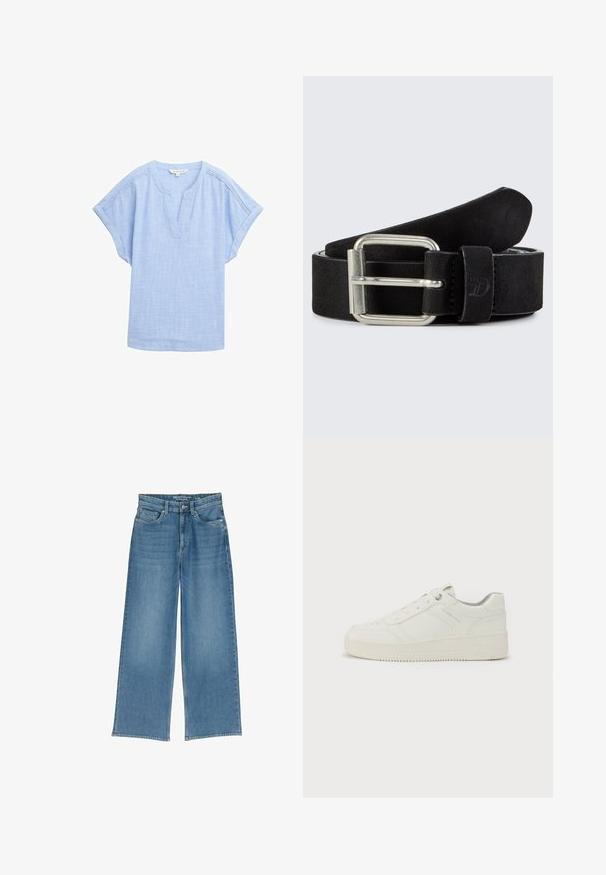 Lys blå kortærmet skjorte i et åndbart stof, med v-halsudskæring og en subtil tekstureret mønster over hele. ; Lyseblå jeans med bred benvidde og høj talje, fem lommer og synlig syning; stoffet har en let struktureret overflade.; Hvide sneakers med en glat læderoverflade, rund tå, seks snørrehuller, polstret krave og struktureret gummisål. Diskret mærkelogo på siden.; Sort læderbælte med en mat overflade, prydet med en rektangulær sølvmetalspænde og et subtilt præget logo på remmen.