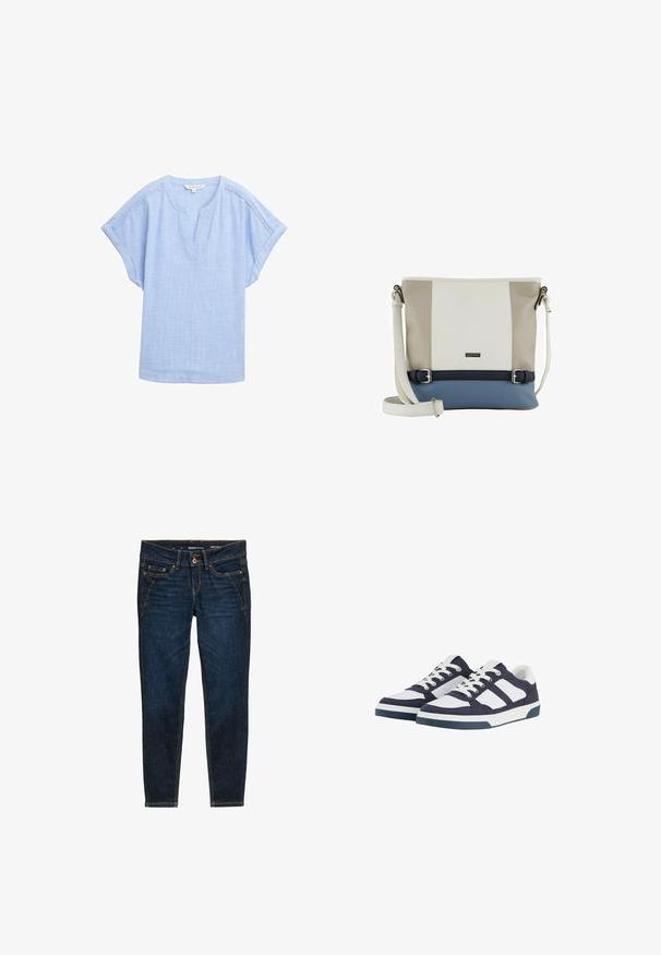 Camisa corta de manga en azul claro hecha de una tela transpirable, con escote en forma de V y un sutil patrón texturizado en toda la prenda.; Jeans de mezclilla de color azul oscuro con un ajuste slim, que presentan costuras naranjas, cinco bolsillos y un cierre de botón en la cintura.; Zapatillas de lona en navy y blanco con un diseño de corte bajo, que presentan cierres de cordones, suelas de goma y acentos a rayas en contraste.; Bolso de hombro en material sintético texturizado, con un diseño geométrico que presenta colores blanco, beige y azul. Correa ajustable y acentos metálicos.