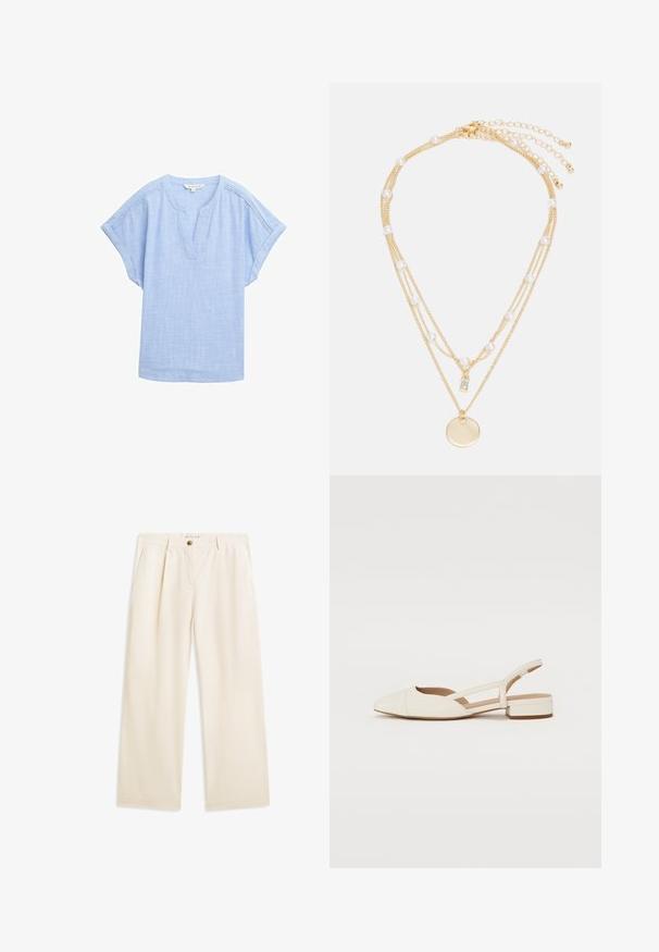 Camisa corta de manga en azul claro hecha de una tela transpirable, con escote en forma de V y un sutil patrón texturizado en toda la prenda.; Pantalones de pierna ancha color crema con trabillas para cinturón, bolsillos laterales y cierre frontal con botón.; Zapatos slingback de charol blanco brillante con puntera puntiaguda y tacón bajo tipo bloque, que cuentan con detalles recortados en los laterales.; Collar de múltiples capas en tono dorado con varias cadenas, perlas, un colgante rectangular y un charm circular. Materiales texturizados y mezclados.