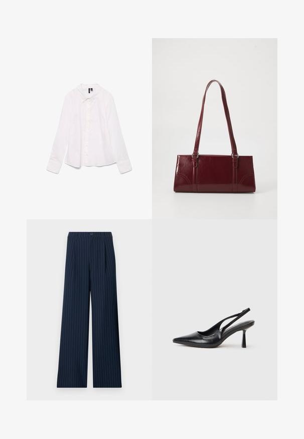 Chemise blanche à manches longues en coton, avec un col classique, une fermeture à boutons sur le devant et une coupe légèrement décontractée. Texture lisse sans motifs.; Pantalon large à rayures fines bleu marine avec passants pour ceinture, bouton avant et plis, présenté à plat sur fond blanc.; Chaussure à talon haut en cuir noir, à bride arrière, avec un bout pointu et un talon fin sur fond blanc.; Sac à main bordeaux en matériau brillant, de forme rectangulaire, avec deux anses et des accents légèrement courbés à l'avant.