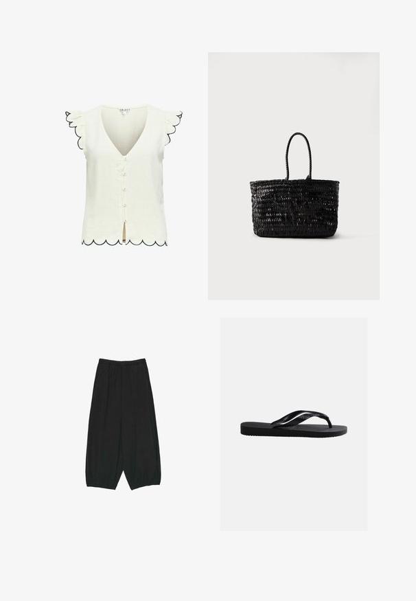 Blouse crème sans manches avec bords festonnés sur les manches et l'ourlet, petits boutons devant et encolure en V.; Pantalon large noir ample avec taille et poignets élastiqués, doté de poches latérales et d'une coupe décontractée.; Sandale tong noire en caoutchouc avec semelle texturée et brides lisses, vue de côté sur un fond gris clair uni.; Sac fourre-tout en cuir tressé noir avec deux poignées arrondies, debout sur un fond blanc uni.