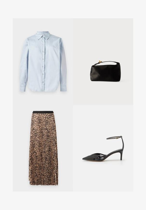 Lysblå langærmet skjorte med knaplukning, lavet af glat stof. Har en klassisk krave, frontknapper og rundet søm.; Plisseret maxinederdel i beige med sort leopardprint. Har en sort taljebånd, blød tekstur og flydende design.; Sort læder højhælet sko med spids tå, åbne sider og en tynd ankelrem med en lille guld detalje.; Sort satinpung med en afrundet form, et håndtag i toppen og en guldaccentlås. Glat tekstur med et minimalistisk design.