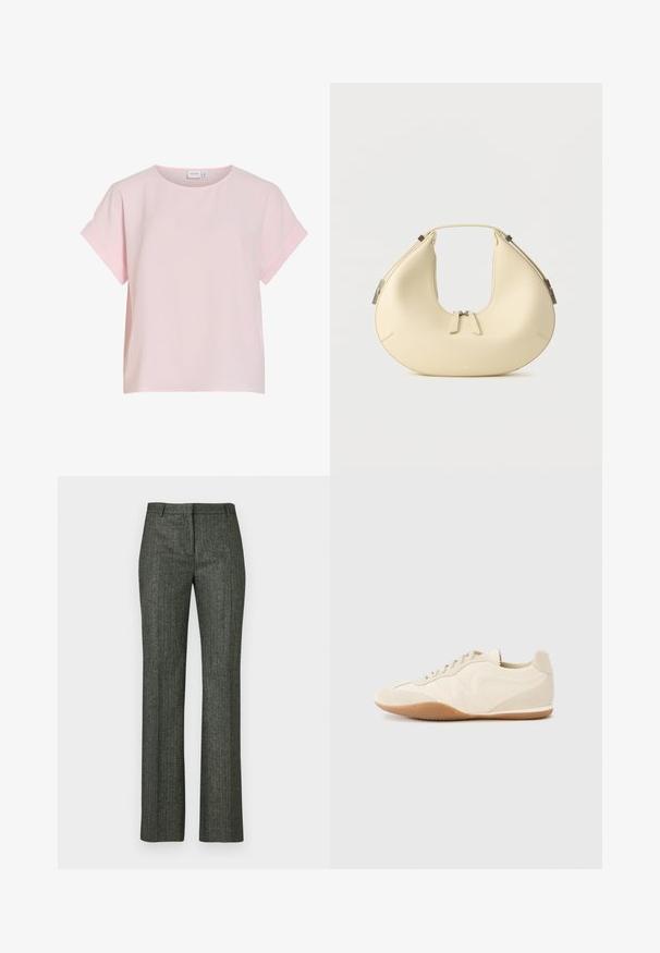 Blouse rose clair à manches courtes avec col rond et poignets de manches pliés, en tissu doux et léger.; Pantalons gris à rayures fines sur mesure, fabriqués en tissu texturé, présentant une coupe droite et une taille classique avec passants de ceinture.; Baskets beige clair avec une tige en cuir texturé, des panneaux latéraux texturés et une semelle en caoutchouc. Dotées d'un design fin et épuré ainsi que de lacets plats.; Sac à main beige en forme de croissant avec fermeture à double fermeture éclair et poignée courte, avec des détails en métal argenté sur les côtés.