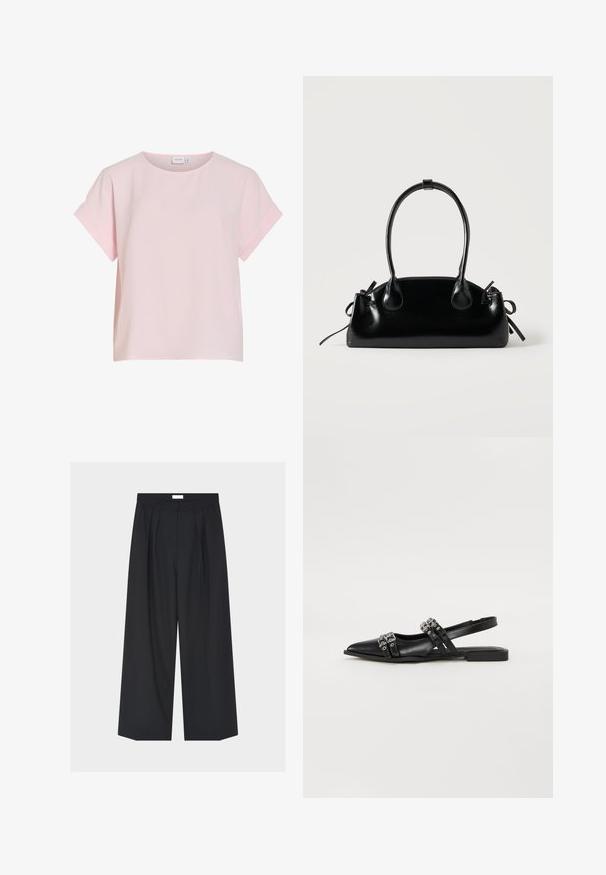 Blouse rose clair à manches courtes avec col rond et poignets de manches pliés, en tissu doux et léger.; Pantalon noir à jambes larges avec plis sur le devant, passants pour ceinture et poches latérales sur un fond clair uni.; Even&Odd by Zalando Ballerines à brides arrière - black; Petit sac à main noir brillant avec deux longues anses et des détails à cordon sur les côtés sur un fond clair uni.