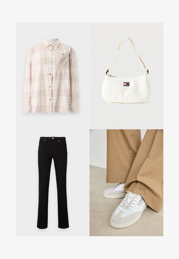 Vaalean beige ja valkoinen ruudullinen pitkähihainen kauluspaita, jossa on rintatasku, esillä litteänä valkoisella taustalla.; Musta farkkuhaalarit suoranlahkeisella leikkauksella. Ominaisuuksina kultainen nappi ja niitit, viisi taskua sekä sileä pinta.; Valkoiset urheilukengät, joissa on mokka-akcentteja, teksturoitu nauha ja kumipohja. Yhdistetty löysiin ruskeisiin housuihin. Logo näkyvissä sivussa.; Valkoinen olkalaukku, jossa säädettävä hihna ja Tommy Jeans -logolla varustettu merkki edessä, yksivärisen taustan edessä.