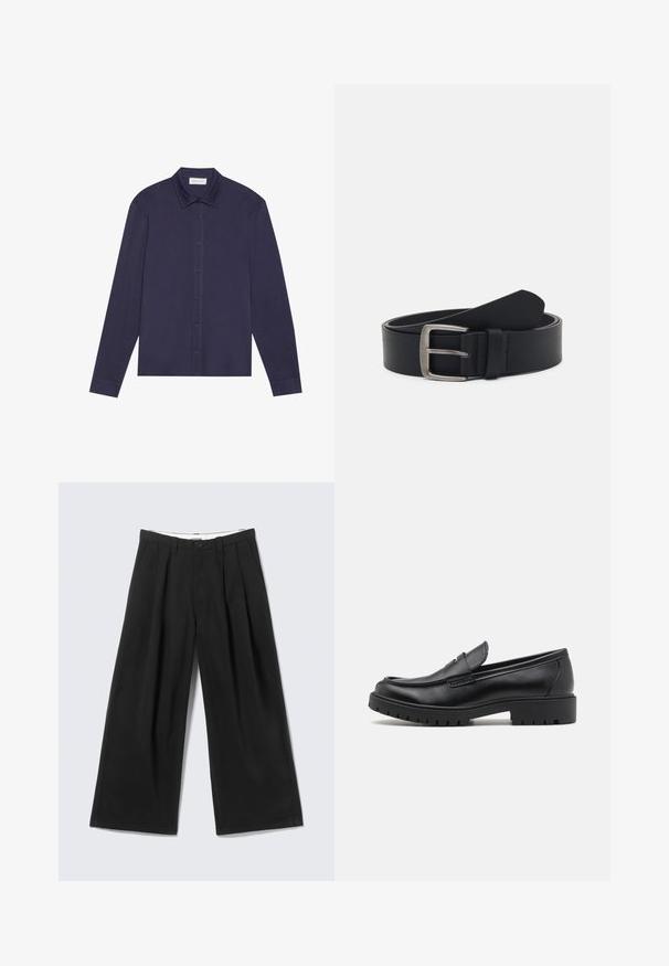 Chemise à manches longues bleu marine en tissu lisse, avec un devant à boutons, un col pointu et une coupe légèrement décontractée.; Pantalon noir à jambes larges avec plis, passants pour ceinture et fermeture par bouton, présenté sur un fond gris clair.; Mocassins en cuir noir avec un bout arrondi, un design à enfiler et une semelle en caoutchouc épaisse avec une texture antidérapante. Talon surélevé et détails de surpiqûre subtils.; Ceinture en cuir noir avec une boucle en métal argenté, présentant une finition lisse et un design classique. La ceinture est enroulée avec l'extrémité pointée.