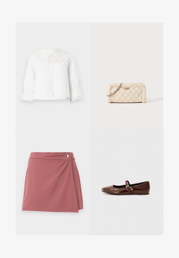 Blouse blanche à manches longues pour bébé avec col et poignets en dentelle festonnée, fermeture à boutons sur le devant et manches légèrement froncées.; Jupe portefeuille courte en rose poussiéreux avec un petit bouton argenté près de la ceinture sur un fond clair uni.; Ballerine en cuir verni marron avec un bout carré et une lanière ornée d'une petite boucle dorée. Texture lisse, talon bas et design minimaliste.; Sac à main en crème capitonné avec des accents en fourrure, une bandoulière en chaîne métallique et un logo embossé. Forme rectangulaire avec une texture douce et des coutures bien marquées.