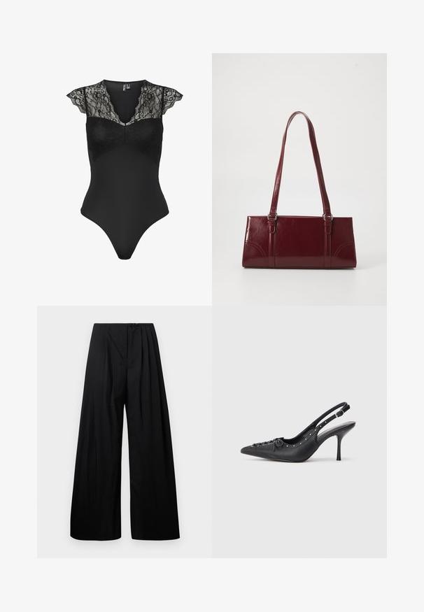 Body noir sans manches avec manches courtes en dentelle et détails en dentelle sur le haut de la poitrine et les épaules, encolure en V, silhouette ajustée.; Pantalons larges noirs à taille haute, dotés de plis verticaux et d'une fermeture à bouton. Texture lisse, design minimaliste.; Escarpin en cuir noir à talon aiguille avec un bout pointu, une bride latérale à boucle, des clous le long du bord et un laçage décoratif à l'avant.; Sac à main bordeaux en matériau brillant, de forme rectangulaire, avec deux anses et des accents légèrement courbés à l'avant.