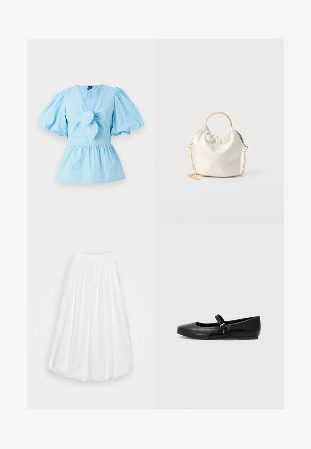 Haut bleu clair à manches bouffantes avec un décolleté en V, détail noué sur le devant et une taille ajustée qui s'élargit en un ourlet peplum. Tissu en coton.; Jupe blanche en tissu léger, dotée d'une taille élastique, de détails froncés et d'une forme évasée voluminieuse.; Ballerines en cuir noir avec un bout arrondi, une semelle plate et une fine sangle ajustable sur le cou-de-pied avec une boucle en métal.; Petite sac à main blanc tissé avec poignée ronde en or et bandoulière chaîne en or, présenté sur un fond neutre.