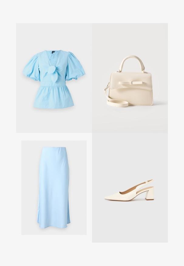 Hele sinise puffy varrukatega pluus V-kaelusega, sõlmitud eesmine detail ja sobiv talje, mis laieneb peplum alläärde. Puuvillane kangas.; Helehall sinine, pahkluu pikkune satiinseelik, millel on kõrge talje ja peened küljetaskud ühtlasel taustal.; Klaaskiiluga kontsakingad läikivas kreemjas lakknahas, millel on terav nina ja jäik ruudukujuline konts stabiilsuse tagamiseks. Minimalistlik disain, ilma kaunistusteta.; Väike beež käekott ülemise sangaga, eemaldatava rihma, ees oleva klapi ja dekoratiivse horisontaalse lipsuga ühtlasel taustal.