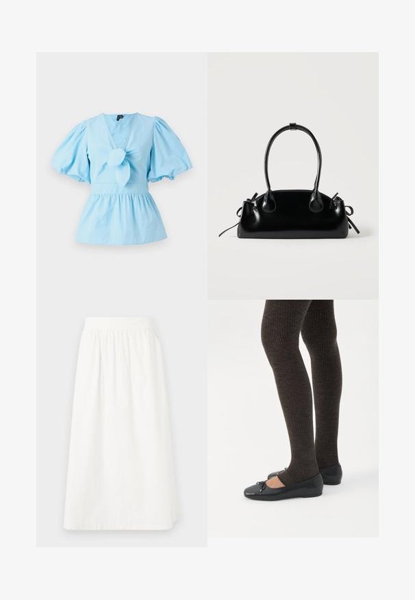 Haut bleu clair à manches bouffantes avec un décolleté en V, détail noué sur le devant et une taille ajustée qui s'élargit en un ourlet peplum. Tissu en coton.; Jupe blanche, longueur genou, faite en coton avec une taille élastique. Présente une texture lisse et un design ample et fluide.; Jambes portant des leggings côtelés foncés associés à des ballerines noires avec de petits détails en nœud sur fond blanc.; Petit sac à main noir brillant avec deux longues anses et des détails à cordon sur les côtés sur un fond clair uni.