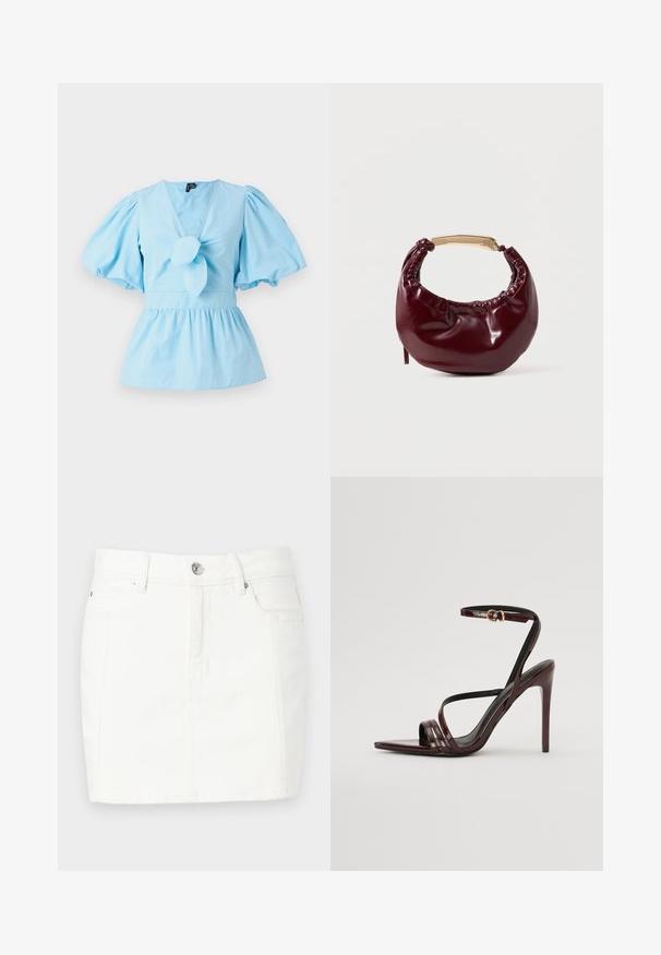 Hele sinise puffy varrukatega pluus V-kaelusega, sõlmitud eesmine detail ja sobiv talje, mis laieneb peplum alläärde. Puuvillane kangas.; Valge denim-seelik, millel on kehaümberduv disain, esiseotav nööplukuga, kaks küljetaskut ja keskmise reie pikkus. Sile tekstuur.; Burgundi patendiga nahast kõrge kontsaga sandaalid, millel on pahkluu rihm, terav nina ja kolm horisontaalset rihma üle jala. Kuldtoneeritud pandla detail.; Burgundi värvi kunstnahast käekott ümmarguse kujuga, volangidega kaunistatud ja kullatoonilise metallist käepidemega. Sile tekstuur ja läikiv viimistlus.