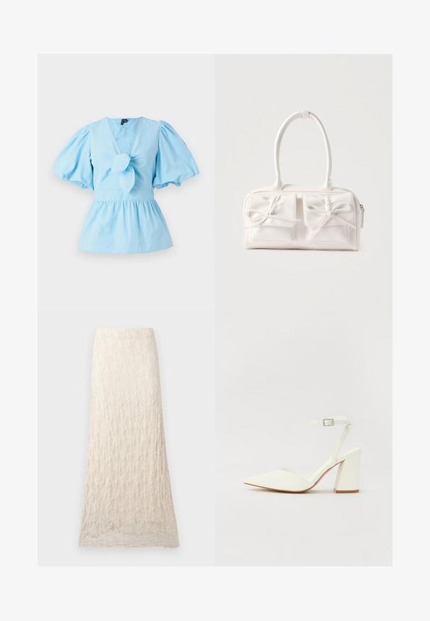 Top de manga abullonada azul claro con escote en V, detalle de nudo en la parte delantera y una cintura ajustada que se abre en un dobladillo de peplum. Tela de algodón.; Falda larga de encaje crema con patrón floral texturizado y silueta recta.; Sandalia blanca de tacón con puntera afilada, correa ajustable en el tobillo y un tacón cuadrado grueso. Textura lisa con detalles de costura mínimos.; Bolso sintético blanco con dos bolsillos delanteros, cada uno con un detalle de lazo atado. Textura suave, asas redondeadas y cierre de cremallera.