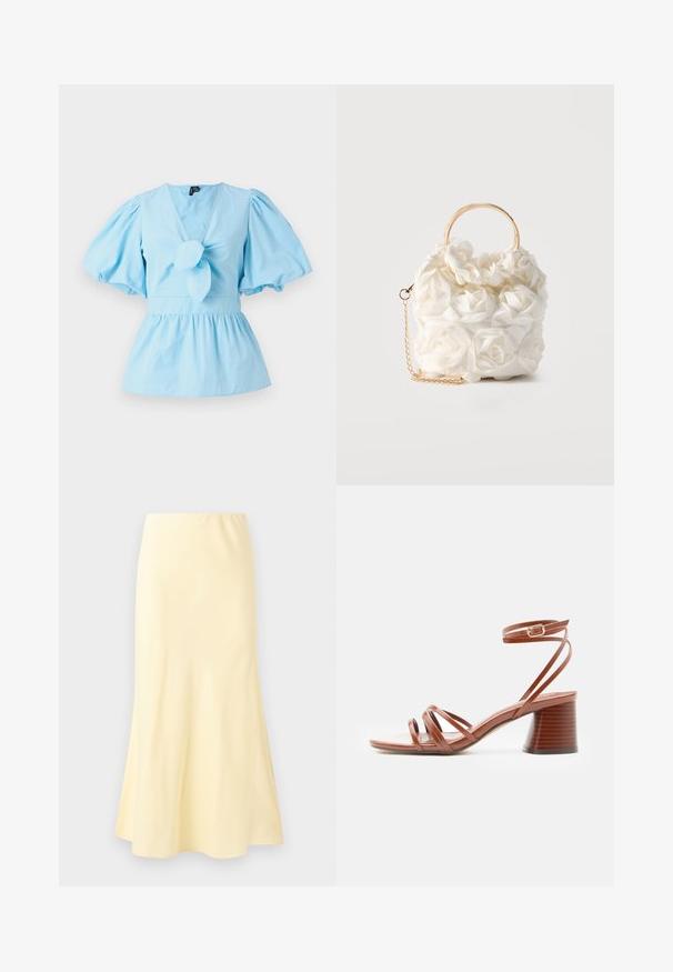 Top de manga abullonada azul claro con escote en V, detalle de nudo en la parte delantera y una cintura ajustada que se abre en un dobladillo de peplum. Tela de algodón.; Falda larga de color amarillo pálido con una ligera campana en la parte inferior, con una textura suave y una cintura elástica.; Sandalia marrón con tiras, tacón cuadrado y hebilla de cierre en el tobillo, diseño minimalista, textura de cuero liso, vista lateral sobre fondo liso.; Bolso blanco adornado con rosas de tela, con un asa circular dorada y una correa de cadena dorada sobre un fondo liso.