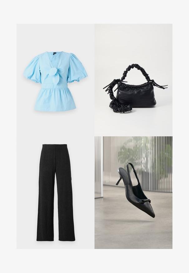 Haut bleu clair à manches bouffantes avec un décolleté en V, détail noué sur le devant et une taille ajustée qui s'élargit en un ourlet peplum. Tissu en coton.; Pantalons larges noirs à taille haute et coutures droites, présentés sur un fond blanc.; Chaussure à talon haut à bride arrière en cuir noir texturé avec un bout pointu et une petite boucle décorative, flottant au-dessus d'un sol lisse.; Sac à main en simili cuir noir avec une texture crocodile, un dessus resserré et une sangle froncée. A l'apparence douce et compacte.