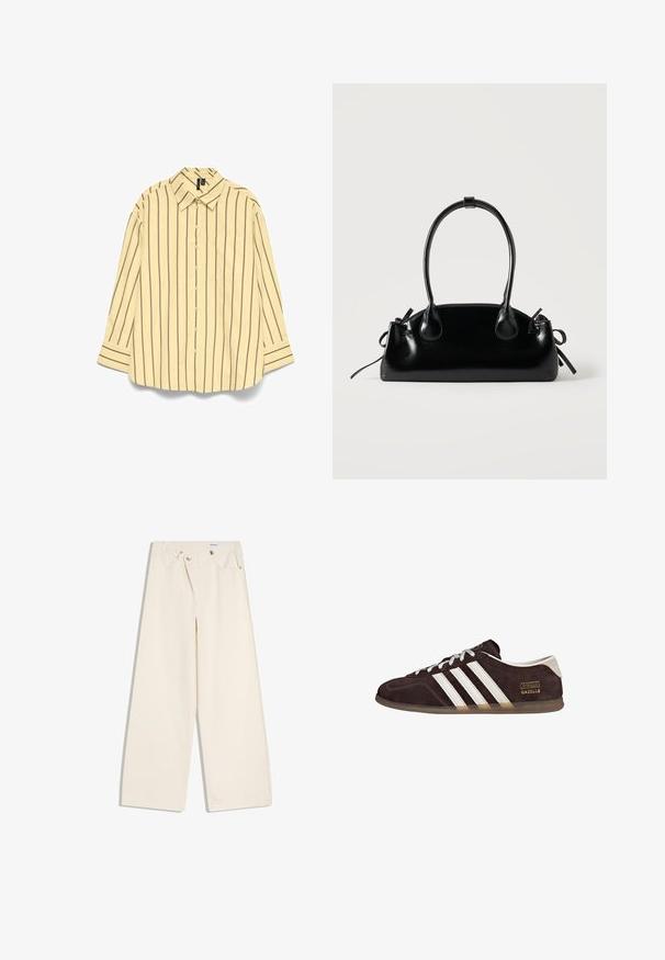 Chemise beige à manches longues avec boutons, rayures verticales noires, col pointu et poche poitrine gauche.; Pantalon large couleur écru avec poches avant, passants pour ceinture, et boutons argentés sur la ceinture et les bords des poches.; Baskets en suède marron avec trois bandes blanches, semelle en caoutchouc, et étiquette avec le texte "Gazelle" en or. Fermeture à lacets avec lacets gris.; Petit sac à main noir brillant avec deux longues anses et des détails à cordon sur les côtés sur un fond clair uni.