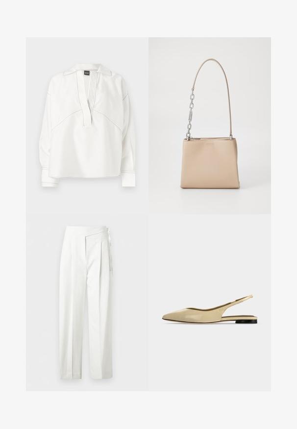 Blouse blanche avec un col à revers, détail plissé à l'avant et surpiqûres contrastantes noires. Dotée de manches longues et d'une coupe décontractée.; Pantalon blanc taille haute avec plis et détail de nœud sur le côté, coupe droite et fermeture cachée.; Chaussure plate beige à bout pointu avec bride arrière, petit talon noir et finition en cuir lisse, vue de côté sur un fond uni.; Sac à main en cuir beige au toucher lisse, avec une accent en chaîne argentée sur la poignée et une fermeture éclair. "HUGO" embouti à l'avant.