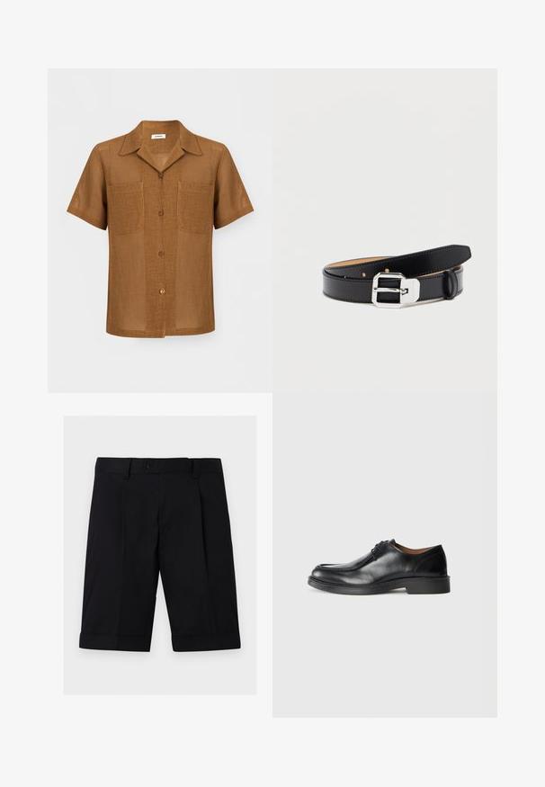 Chemise marron à manches courtes avec boutons, texture ajourée, deux poches poitrine devant et col pointu.; Shorts noirs sur mesure à la longueur genou avec une taille boutonnée, des passants de ceinture et des ourlets retroussés sur un fond clair uni.; Chaussure de ville en cuir noir avec un bout arrondi, surface lisse, détails en dentelle et une semelle en caoutchouc texturée basse. Lignes épurées et design minimal.; Ceinture en cuir noir avec une boucle rectangulaire argentée brillante, présentant une surface lisse et plusieurs trous de réglage le long de sa longueur.