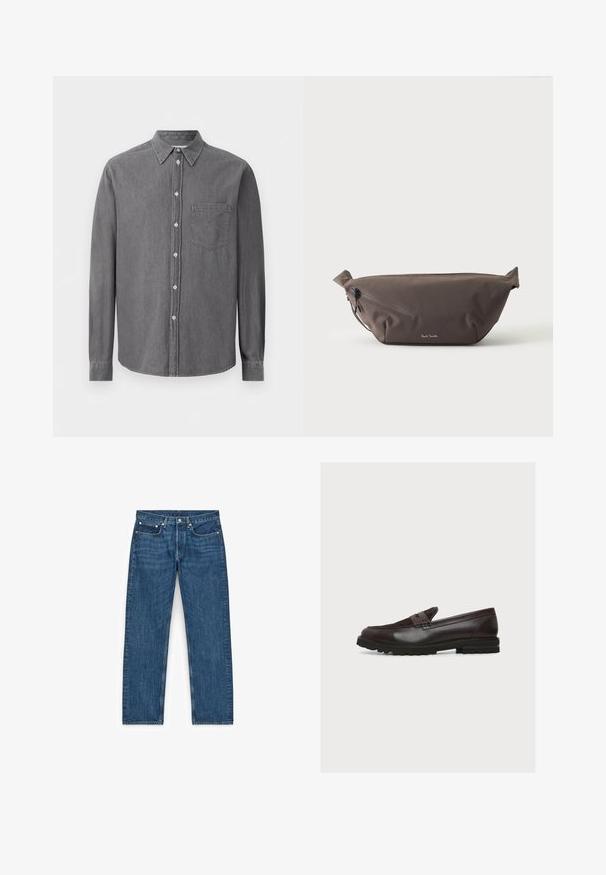 Chemise à manches longues grise à boutons, en tissu doux, avec un col classique, une poche poitrine et une fermeture à boutons standard.; Jean en denim bleu avec une coupe droite, quatre poches et des détails en métal. Le tissu présente une légère texture et un lavage uniforme.; Mocassin en cuir marron foncé avec dessus en daim, bride pour pièce, détails cousus et semelle épaisse en caoutchouc avec motif de bande de roulement, vu de profil.; Sac banane en tissu marron foncé avec poche zippée en diagonale et petit logo blanc sur le devant, sur un fond clair uni.