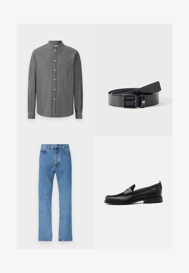 Chemise à manches longues grise à boutons, en tissu doux, avec un col classique, une poche poitrine et une fermeture à boutons standard.; Jean en denim bleu avec une coupe droite, doté de cinq poches, d'une fermeture par bouton et fermeture éclair, et d'un léger délavage sur le tissu.; Mocassin en cuir noir avec détail de bride grise, talon bas et semelle texturée, marqué "HUGO" en or sur le côté.; Ceinture en cuir noir avec boucle métallique noire mate, légèrement enroulée avec l'extrémité de la lanière reposant sur une surface blanche.