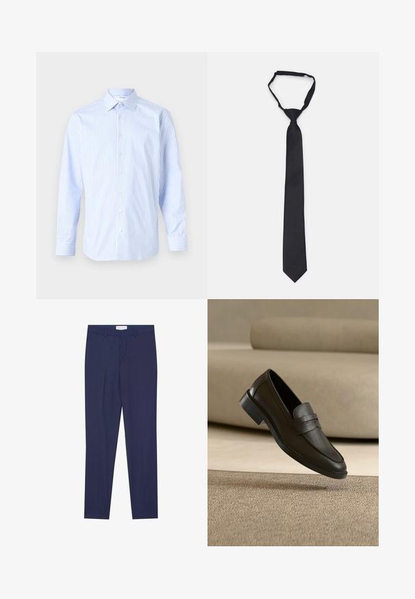 Lichtblauw en witte gestreepte langhouthals-shirt met een klassieke kraag, knopen aan de voorkant en manchetten, gemaakt van een gladde stof.; Marineblauwe dresspants van gladde stof, met een flat front, twee zijzakken, een ritsgulp en een schone zoom zonder patronen of accenten.; Zwarte leren loafer die rust op een beige tapijt met een gebogen beige bank op de achtergrond.; Zwarte zijden stropdas met een gladde textuur, verlengd ontwerp, smalle breedte en puntige punt; heeft een subtiele merkl logo nabij de punt.