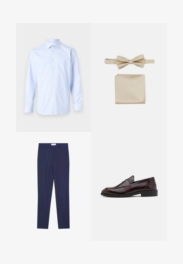 Camisa de manga larga a rayas azul claro y blanca con cuello clásico, cierre de botones en la parte delantera y puños, hecha de una tela suave.; Pantalones de vestir de color navy, confeccionados en una tela suave, con un corte plano en la parte delantera, dos bolsillos laterales, cremallera y dobladillo limpio sin patrones ni acentos.; Mocasines de cuero burdeos con un acabado suave, acento frontal rectangular y punta redondeada, con una suela de goma negra.; Pajarita de satén beige con pañuelo a juego, que presenta una textura suave y un diseño de pajarita clásico. Ambos accesorios están dispuestos de forma ordenada.