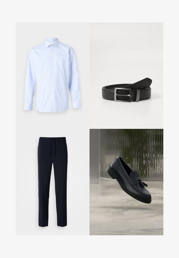 Himmelblau und weiß gestreiftes langärmliges Hemd mit klassischem Kragen, Knopfverschluss vorne und Manschetten, aus einem glatten Stoff gefertigt.; Marineblaue, leichte Hose mit einem elastischen Bund und verstellbarem Kordelzug, ausgestattet mit einem geraden Schnitt und glatter Textur.; Schwarze Leder-Loafer mit glatter Textur, gerundeter Zehenpartie und dekorativen Quasten vorne. Flexible Gummisohle mit niedrigem Absatz.; Schwarzer Ledergürtel mit einer silbernen Metallschnalle, der eine glatte Oberfläche und ein klassisches Design aufweist. Der Gürtel ist ordentlich gefaltet.