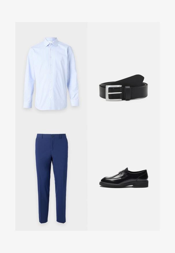 Himmelblau und weiß gestreiftes langärmliges Hemd mit klassischem Kragen, Knopfverschluss vorne und Manschetten, aus einem glatten Stoff gefertigt.; Hose in Marineblau aus glattem Stoff; schlanke Passform mit geradem Bein, Ein-Knopf-Verschluss und Seitentaschen.; Zign by Zalando LEATHER - Business-Slipper - black; Schwarzer Leder Gürtel mit glatter Textur, silberner rechteckiger Schnalle und einer Schlaufe für das Ende. Verfügt über eine saubere Naht entlang der Kanten.